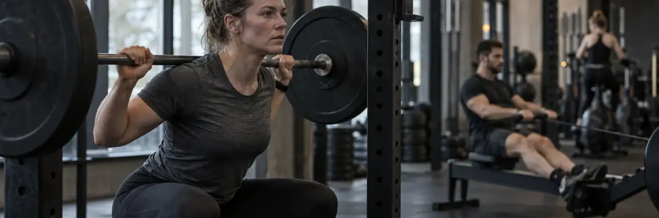 Kvinde laver squat med vægtstang, mens en mand ror på romaskine i baggrunden