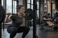 Kvinde laver squat med vægtstang, mens en mand ror på romaskine i baggrunden